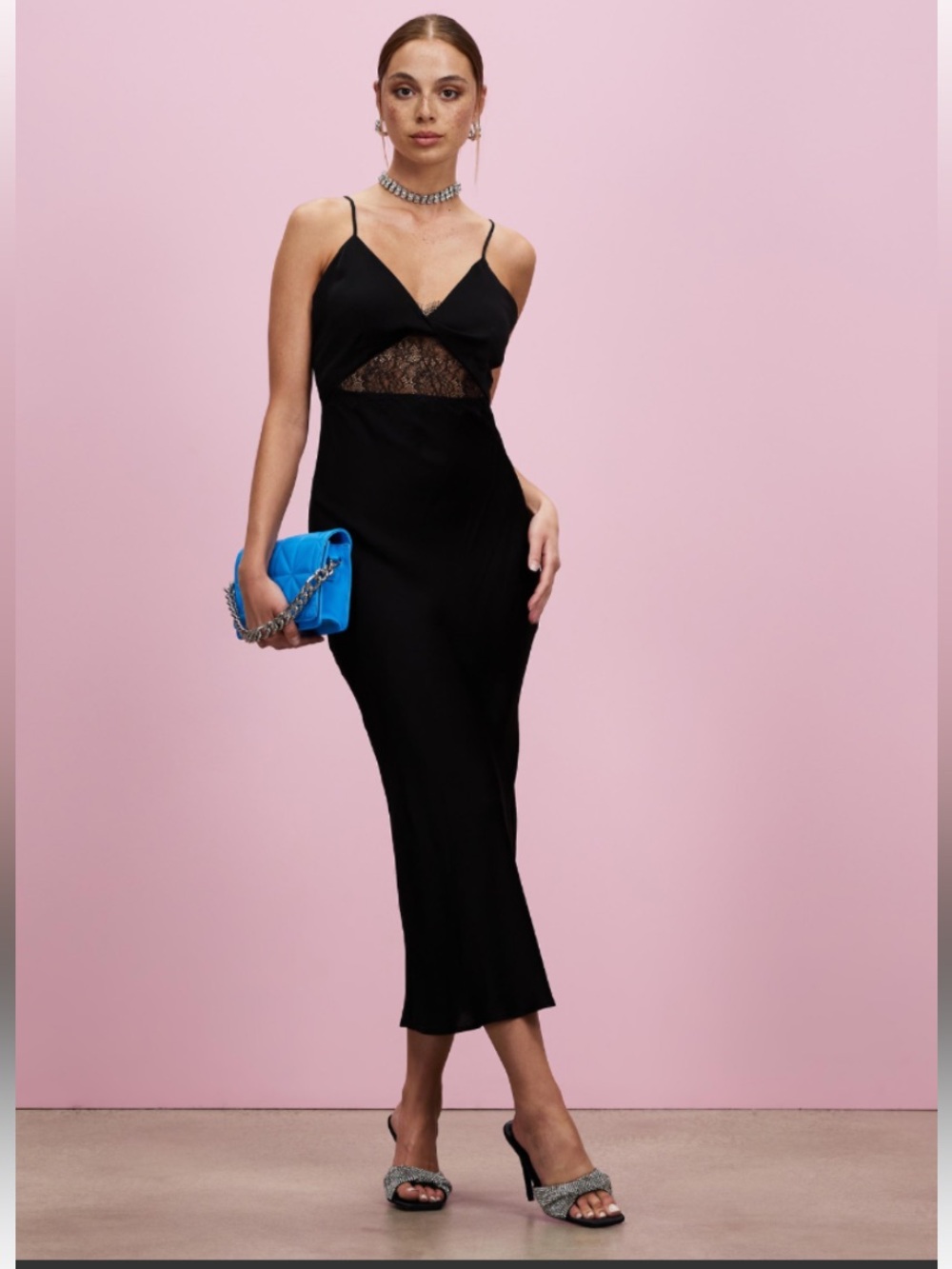Topshop Black MIDI Lace Trim Slip Dress